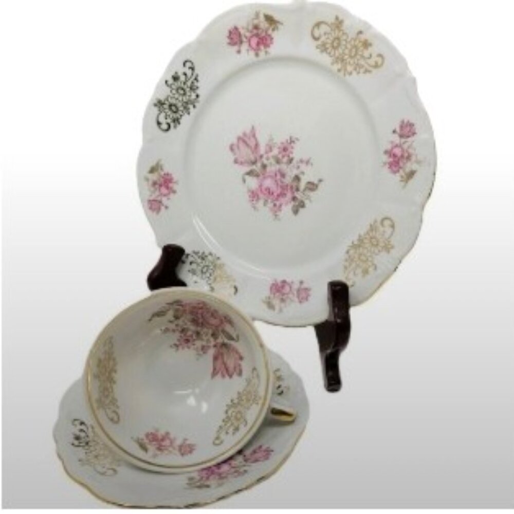 Bareuther Gilded Tea Trio 3-Piece Vintage 1931-1950 Pink Rose Pattern